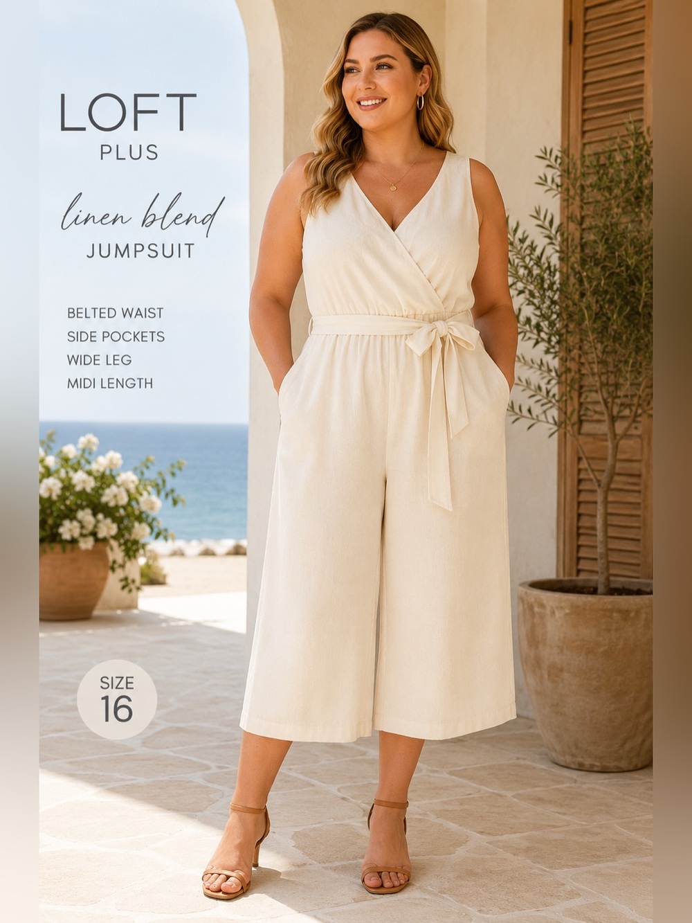 NWT LOFT Plus Ivory Linen Blend Belted Wide Leg Jumpsuit with Pockets | Size 16